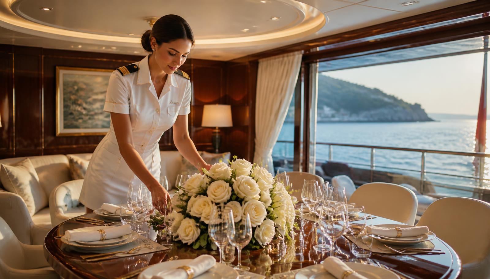 Yacht stewardess preparing a guest cabin on a superyacht